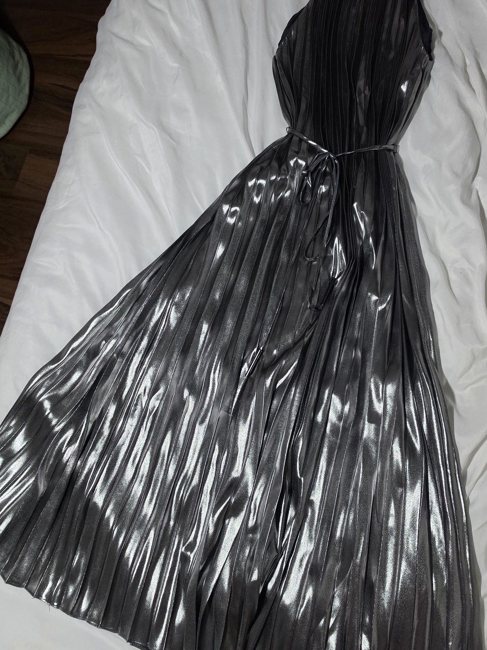 Onyx Metallic Pleated Maxi Dress in Silver